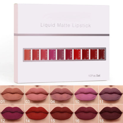 💄✨ 10 részes matt folyékony rúzs szett – Vízálló, egész nap tartó, hidratáló, E-vitaminnal és természetes olajokkal! 🌸💋
