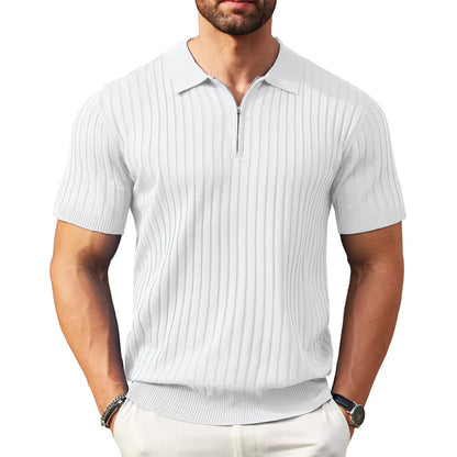 🎁Ingyenes ajándék-📿Gyönyörű karkötő✨ Bordás kötött prémium felső👕 Sportos sziluettű férfi póló – Állítható gallér + negyedzipper, sokoldalú mindennapokra!