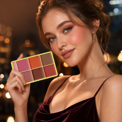 🎨✨ 8 színű sokoldalú arcpirosító paletta – Krémes, selymes textúra, vízálló, pirosítóként, kontúrozóként és highlighterként is! 💄💖