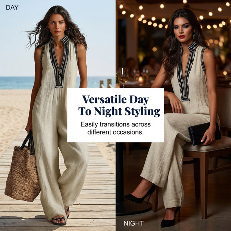 😍2026 tavaszi újdonságok🎉47% árcsökkentés🧶 Etnikai hímzéses pamut-len jumpsuit – Mély V-nyakú állógalléros, ujjatlan széles szárú kialakítás!☀️Laza szabás, természetes anyag, sokoldalú női viselet!