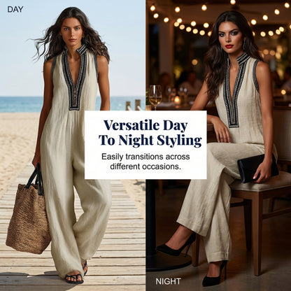 😍2026 tavaszi újdonságok🎉47% árcsökkentés🧶 Etnikai hímzéses pamut-len jumpsuit – Mély V-nyakú állógalléros, ujjatlan széles szárú kialakítás!☀️Laza szabás, természetes anyag, sokoldalú női viselet!