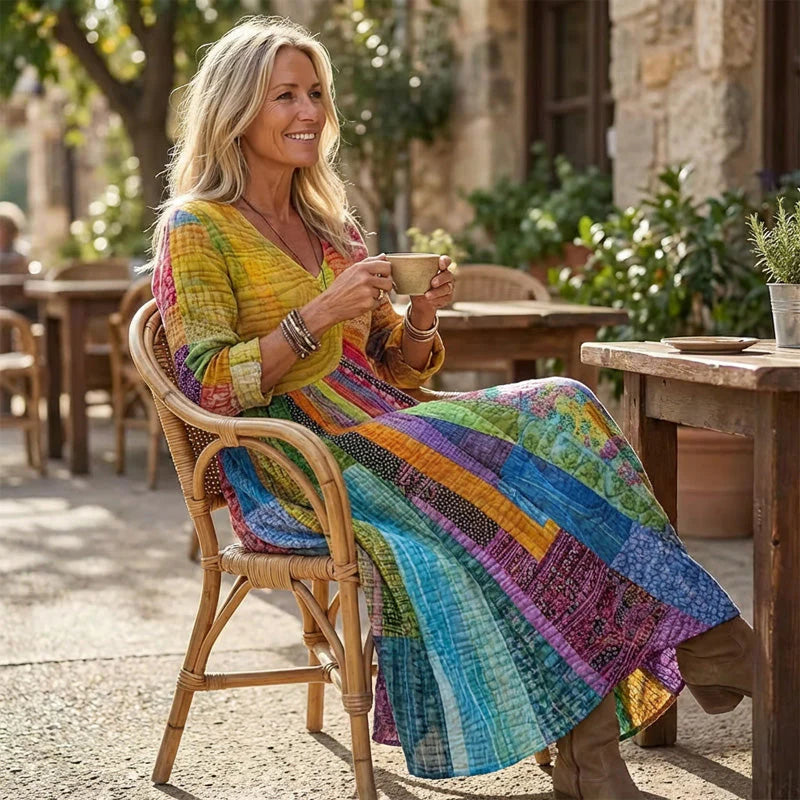 🎉💥50% árcsökkentés😍2026 tavaszi újdonságok✨ V-nyakú hosszú ujjas modell🌈 Patchwork nyomtatott női ruha – Egyedi művészi stílus, élénk színekkel!