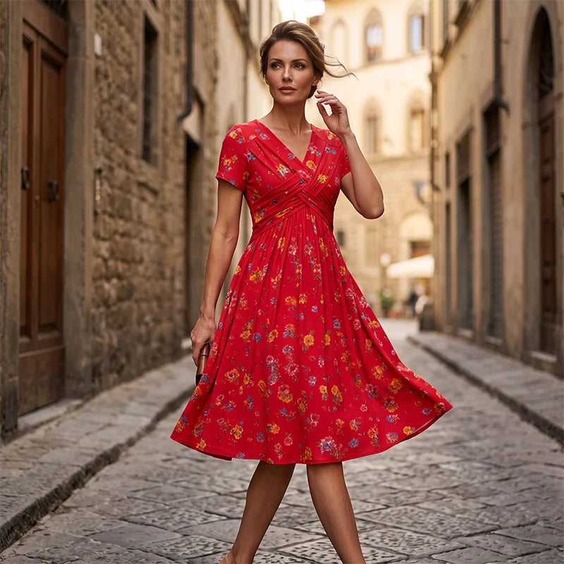 🎁Ingyenes gyönyörű nyaklánc👗🌸 Virágmintás midi ruha– V-nyak, crossover elöl, elegáns drapírozás – Oldalzsebekkel, puha és légáteresztő anyagból 🌿✨