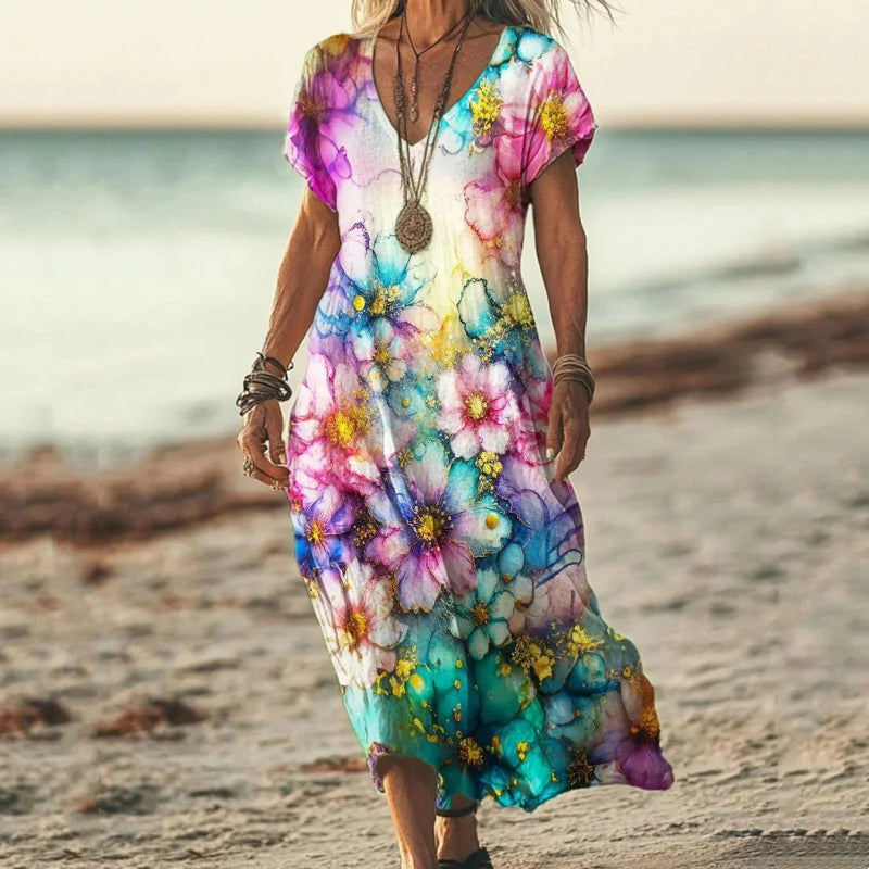 🎁Ingyenes gyönyörű nyaklánc🌸 Vintage virágmintás hosszú ruha – időtálló elegancija és nőies kényelem!