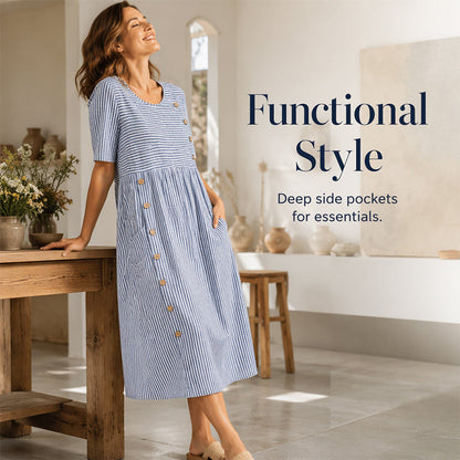 👗Új érkezők 50% kedvezménnyel💥Női, laza szabású, csíkos szabadidőruha🌸 Időtálló design, praktikus oldalzsebekkel, S–4XL-ig! ✨💫
