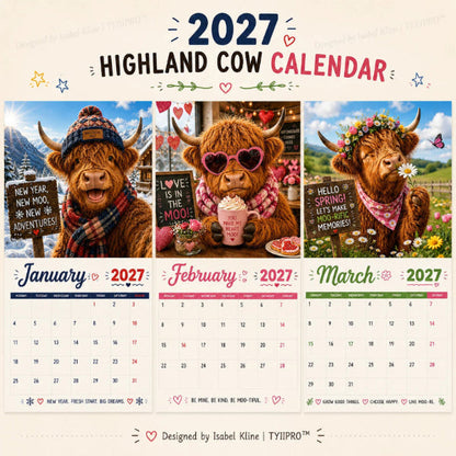 🐮📅 2027-es Highlandko fali naptár – 12 bájos illusztráció, prémium A4-es kivitel, tökéletes ajándék állatbarátoknak! 🌿✨