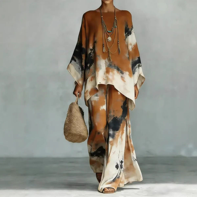 🎁Ingyenes ajándék🍂 Barna árnyalatú női összeillő szett🎨 Absztrakt művészi mintás kétrészes szett – Laza oversize szabás, nyári légies viselet!