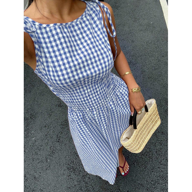 ⏰💥45% árcsökkentés👗 Könnyed vintage gingham nyári ruha🎀 Smockolt felsőrész + állítható kötőpántok 🌬️Prémium légáteresztő anyag！