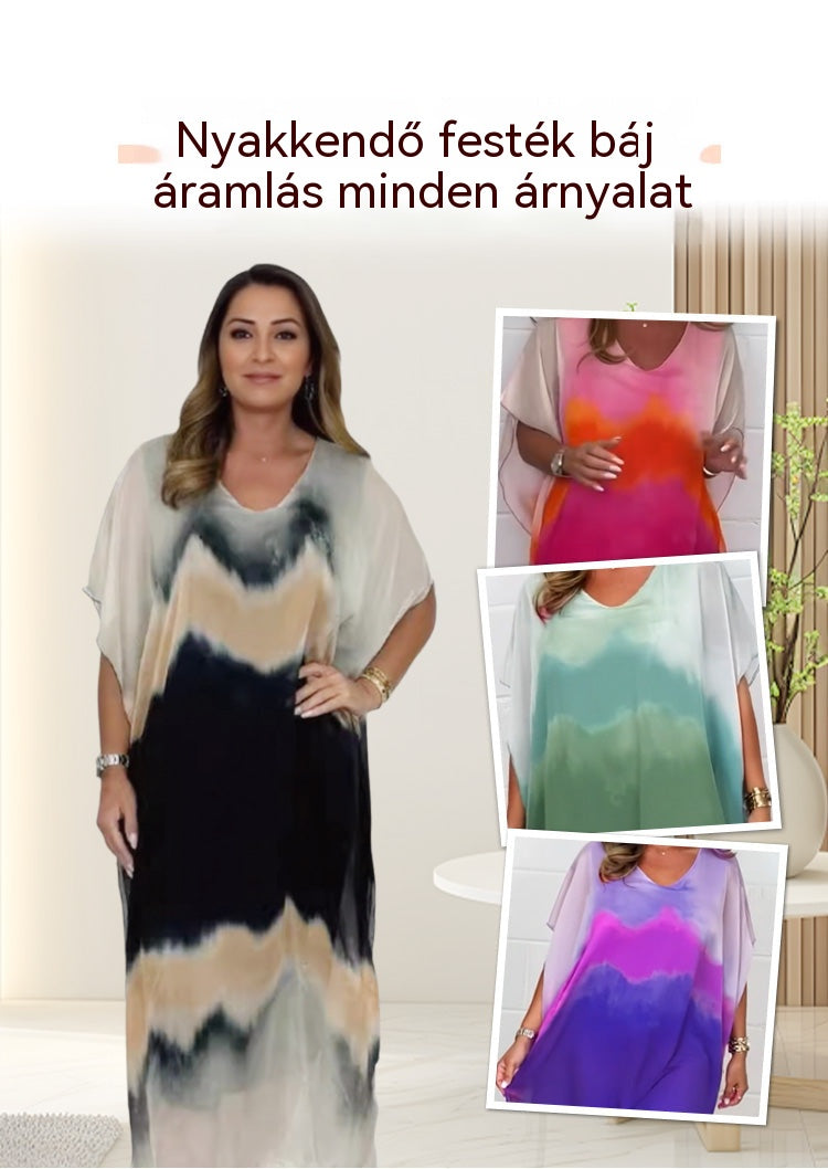 🎁Ingyenes ajándék😜40% árcsökkentés 🌸Álomszerű batikolt sifonruha💃 V-nyakú, laza szabású kaftán: előnyös, lélegző és tökéletes minden alkalomra!
