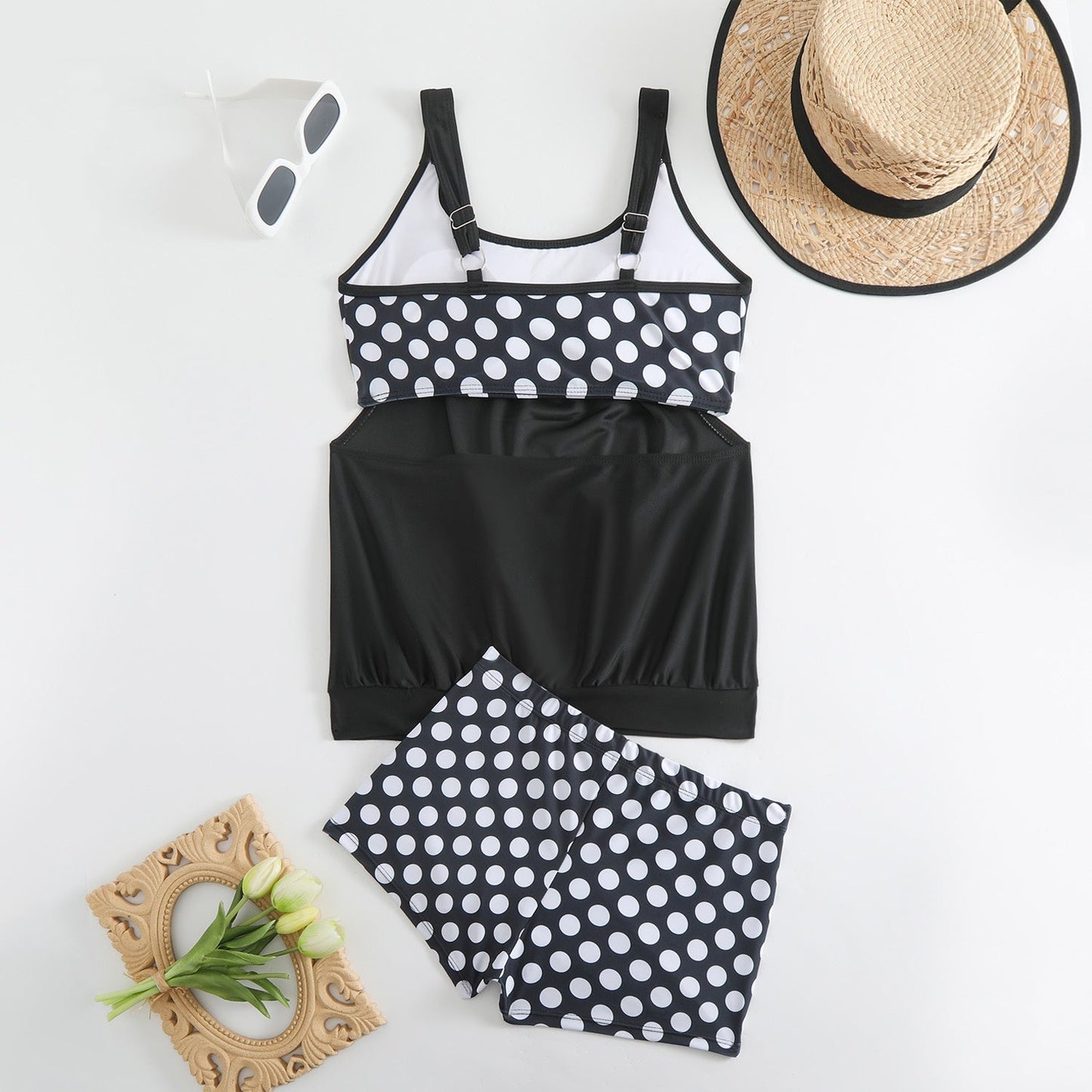 🏖️[S–3XL]👙🌸 Pöttyös color-block kétrészes fürdőruha👌Kényelmes és magabiztos: pöttyös tankini szett minden alakhoz！
