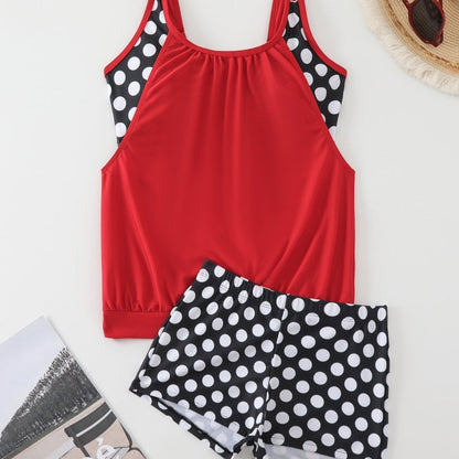 🏖️[S–3XL]👙🌸 Pöttyös color-block kétrészes fürdőruha👌Kényelmes és magabiztos: pöttyös tankini szett minden alakhoz！